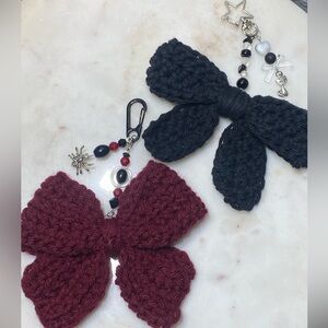 Handmade black crochet bow bag charm